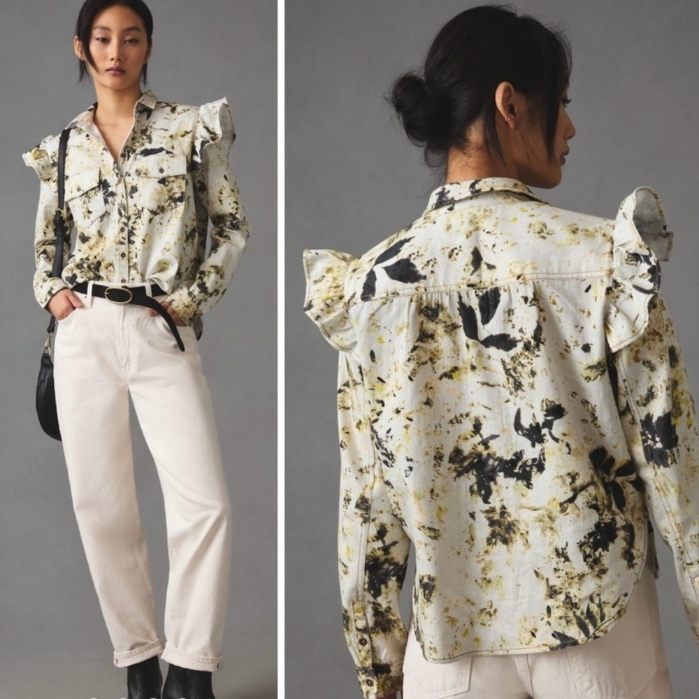 Anthropologie Pilcro Utility Blouse Button Down Top Ruffle Shoulder Medium